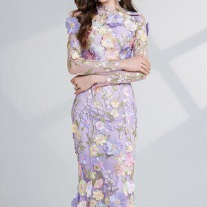 Floral Embroidered Mesh Long Sleeve Midi Dress | New Sheath Formal Dress
